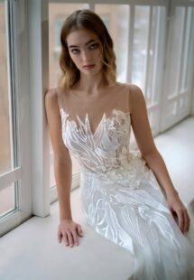 Style #2409L, A-line wedding dress with floral embroidery; available in ivory