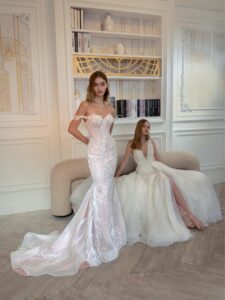 Fit and flare wedding gown with floral embroidery; V-neck A-line wedding dress with a slit