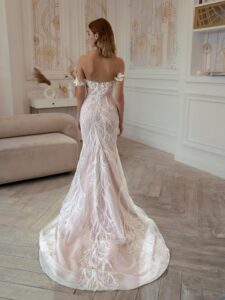 Fit and flare wedding gown with floral embroidery; available in ivory-powder, ivory