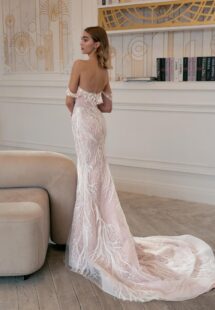 Style #2410L, fit and flare wedding gown with floral embroidery; available in ivory-powder, ivory