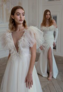 Style #2412L, high-low A-line wedding dress with feathers and beads; Style #2416L, draped fitted wedding gown with long sleeves and feather decor