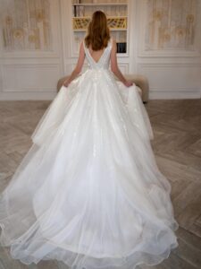 V-neck A-line wedding dress with a slit