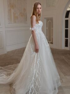 Embroidered A-line wedding dress with sweetheart neckline and off-the-shoulder straps