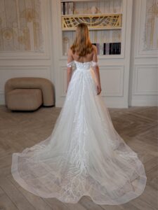 Embroidered A-line wedding dress with sweetheart neckline and off-the-shoulder straps