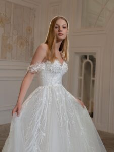 Embroidered A-line wedding dress with sweetheart neckline and off-the-shoulder straps