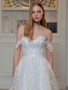 Embroidered A-line wedding dress with sweetheart neckline and off-the-shoulder straps