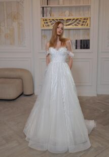 Style #2415L, embroidered A-line wedding dress with sweetheart neckline and off-the-shoulder straps; available in ivory