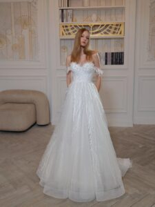 Embroidered A-line wedding dress with sweetheart neckline and off-the-shoulder straps
