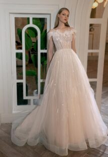 Style #2417L, illusion-neck ball gown wedding dress with sequins, feathers and beads; available in ivory-peach
