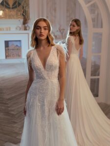 V-neck wedding dress with beads, feathers, and open back; V-neck chiffon sheath wedding gown with 3D flowers and beaded strings