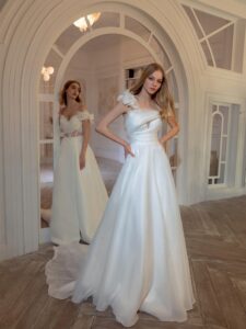Organza A-line wedding dress with 3D flower decor and one-shoulder strap; Organza off-the-shoulder A-line wedding dress with a slit