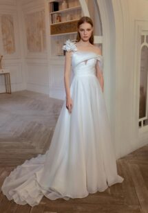 Style #2419L, organza A-line wedding dress with 3D flower decor and one-shoulder strap; available in ivory