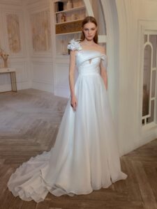 Organza A-line wedding dress with 3D flower decor and one-shoulder strap