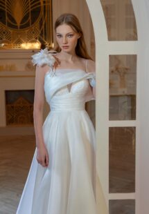 Style #2419L, organza A-line wedding dress with 3D flower decor and one-shoulder strap; available in ivory