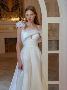 Organza A-line wedding dress with 3D flower decor and one-shoulder strap