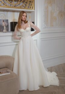 Style #2422L, organza A-line wedding dress with lace bustier style corset and long sleeves; available in ivory