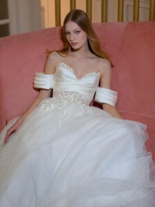 Polka-dot tulle ball gown with off-the-shoulder sleeves and floral embroidery