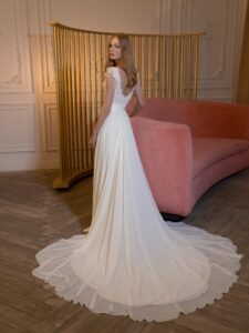 V-neck chiffon sheath wedding gown with 3D flowers and beaded strings