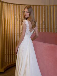 V-neck chiffon sheath wedding gown with 3D flowers and beaded strings