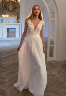 Style #2424L, V-neck chiffon sheath wedding gown with 3D flowers and beaded strings; available in ivory