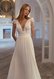 Style #2424L, V-neck chiffon sheath wedding gown with 3D flowers and beaded strings; available in ivory