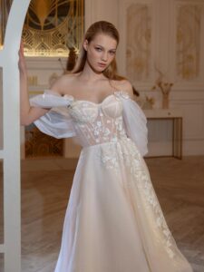 High-low A-line wedding dress with off-the-shoulder straps and 3D floral decor