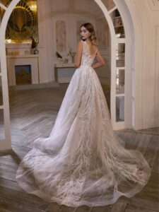A-line wedding dress with sequinned embroidery and 3D flowers; available in ivory-powder, ivory