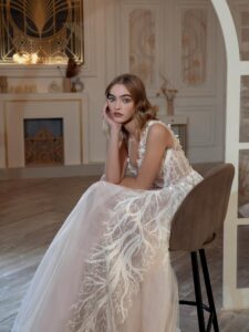 A-line wedding dress with sequinned embroidery and 3D flowers; available in ivory-powder, ivory