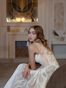 A-line wedding dress with sequinned embroidery and 3D flowers; available in ivory-powder, ivory