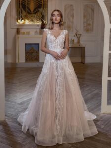 A-line wedding dress with sequinned embroidery and 3D flowers; available in ivory-powder, ivory