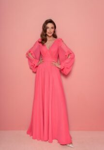 Style #800, V-neck chiffon evening gown with long sleeves; available in watermelon (shown online), light green, smoky, peach, mint, cherry, pink, berry, cornflower blue, powder, purple, black, yellow, green, sea green, grey-blue, sky-blue, azure, red, ivory, white