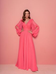 Style #800, V-neck chiffon evening gown with long sleeves; available in watermelon (shown online), light green, smoky, peach, mint, cherry, pink, berry, cornflower blue, powder, purple, black, yellow, green, sea green, grey-blue, sky-blue, azure, red, ivory, white