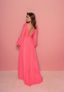 Style #800, V-neck chiffon evening gown with long sleeves; available in watermelon (shown online), light green, smoky, peach, mint, cherry, pink, berry, cornflower blue, powder, purple, black, yellow, green, sea green, grey-blue, sky-blue, azure, red, ivory, white