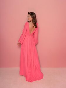 Style #800, V-neck chiffon evening gown with long sleeves; available in watermelon (shown online), light green, smoky, peach, mint, cherry, pink, berry, cornflower blue, powder, purple, black, yellow, green, sea green, grey-blue, sky-blue, azure, red, ivory, white