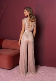 Style #802-8, V-neck jumpsuit with sheer overlay blouse; available in beige