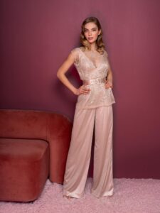 Style #802-8, V-neck jumpsuit with sheer overlay blouse; available in beige