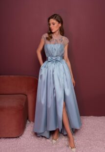 Style #803, Mikado high-low gala dress with embroidered illusion top; available in grey-blue (shown online), azalea, ivory