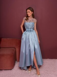 Style #803, Mikado high-low gala dress with embroidered illusion top; available in grey-blue (shown online), azalea, ivory
