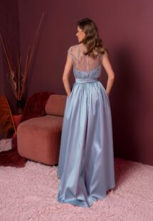 Style #803, Mikado high-low gala dress with embroidered illusion top; available in grey-blue (shown online), azalea, ivory