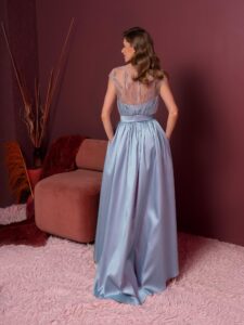 Style #803, Mikado high-low gala dress with embroidered illusion top; available in grey-blue (shown online), azalea, ivory