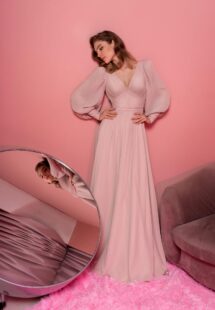 Style #805, V-neck chiffon evening gown with long bishop sleeves; available in cornflower blue, powder (shown online), ivory, grey, cherry, grey-blue, purple, black, red, ivory