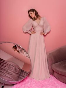 Style #805, V-neck chiffon evening gown with long bishop sleeves; available in cornflower blue, powder (shown online), ivory, grey, cherry, grey-blue, purple, black, red, ivory