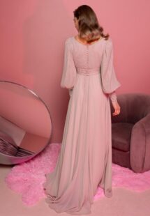 Style #805, V-neck chiffon evening gown with long bishop sleeves; available in cornflower blue, powder (shown online), ivory, grey, cherry, grey-blue, purple, black, red, ivory