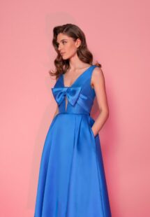 Style #806, Mikado A-line cocktail dress with a bow; available in midi or floor length; in dark blue (shown online), grey-blue, azalea, ivory