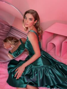 Style #807, short Mikado A-line dress with a tiered skirt; available in green (shown online), grey-blue, azalea, ivory, dark blue, black