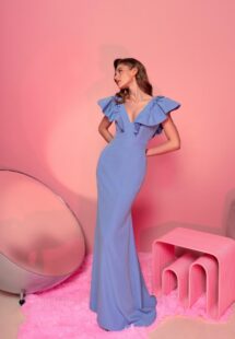 Style #808, V-neck fitted gala gown with flounce straps and open V-back; available in blue (shown online), dark blue, ivory, red, black, green, powder, grey, white