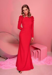 Style #809, long-sleeved fit and flare evening gown with open back; available in red (shown online), ivory, blue, powder, black, white, green, grey, dark blue