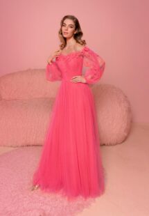 Style #811, off-the-shoulder evening gown with long sleeves; available in midi or floor length; in watermelon (shown online), light green, azure, ivory, black-powder, cherry, blue, purple, powder, pink