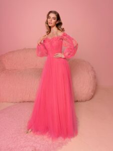 Style #811, off-the-shoulder evening gown with long sleeves; available in midi or floor length; in watermelon (shown online), light green, azure, ivory, black-powder, cherry, blue, purple, powder, pink