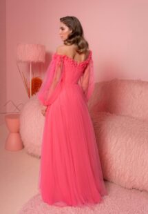 Style #811, off-the-shoulder evening gown with long sleeves; available in midi or floor length; in watermelon (shown online), light green, azure, ivory, black-powder, cherry, blue, purple, powder, pink